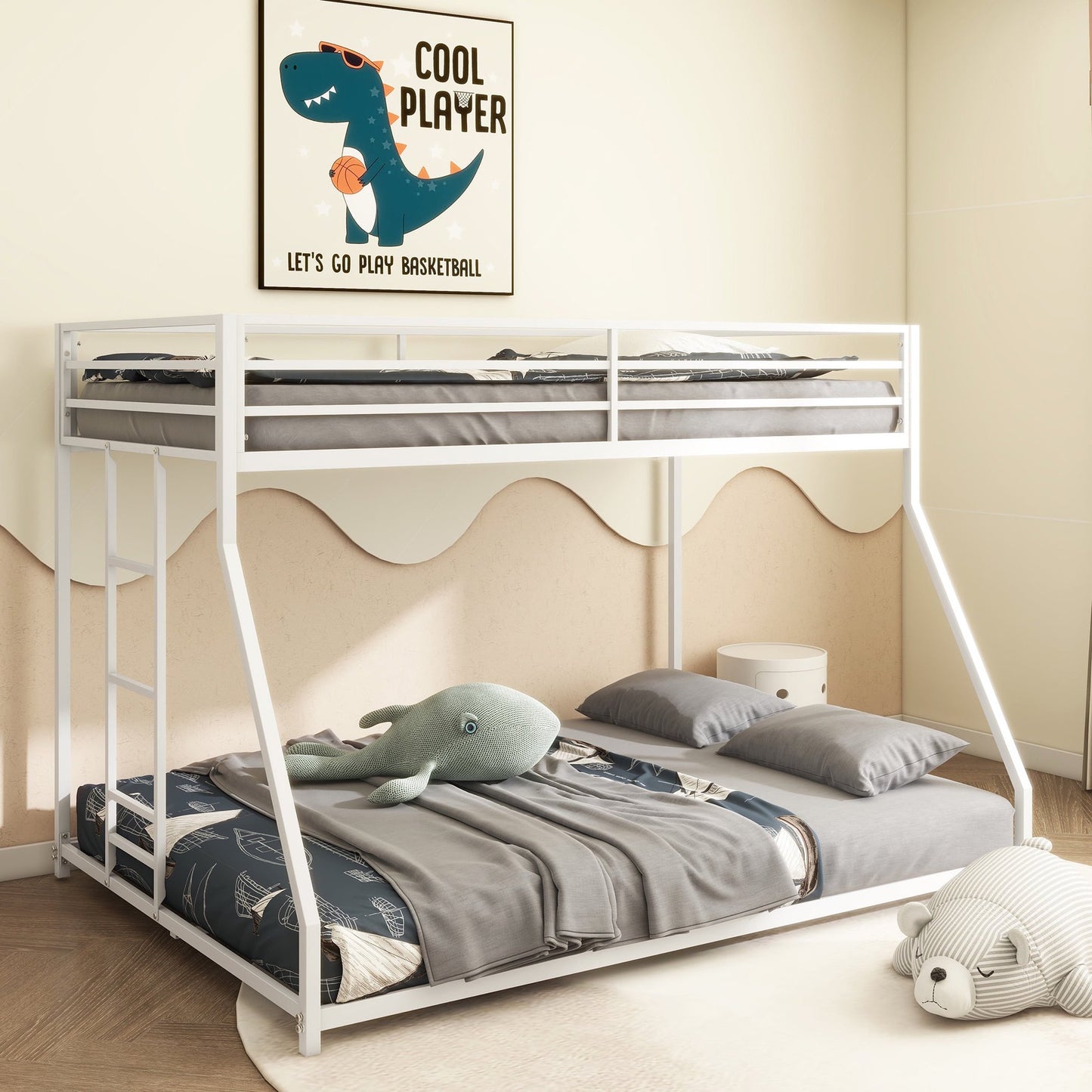 Sesslife Metal Twin Over Full Bunk Bed, Low Profile Metal Bunk Bed with Ladder and Full-Length Guardrail, Heavy-Duty Metal Low Bunk Beds For Kids Teens Adults, No Box Spring Needed, White