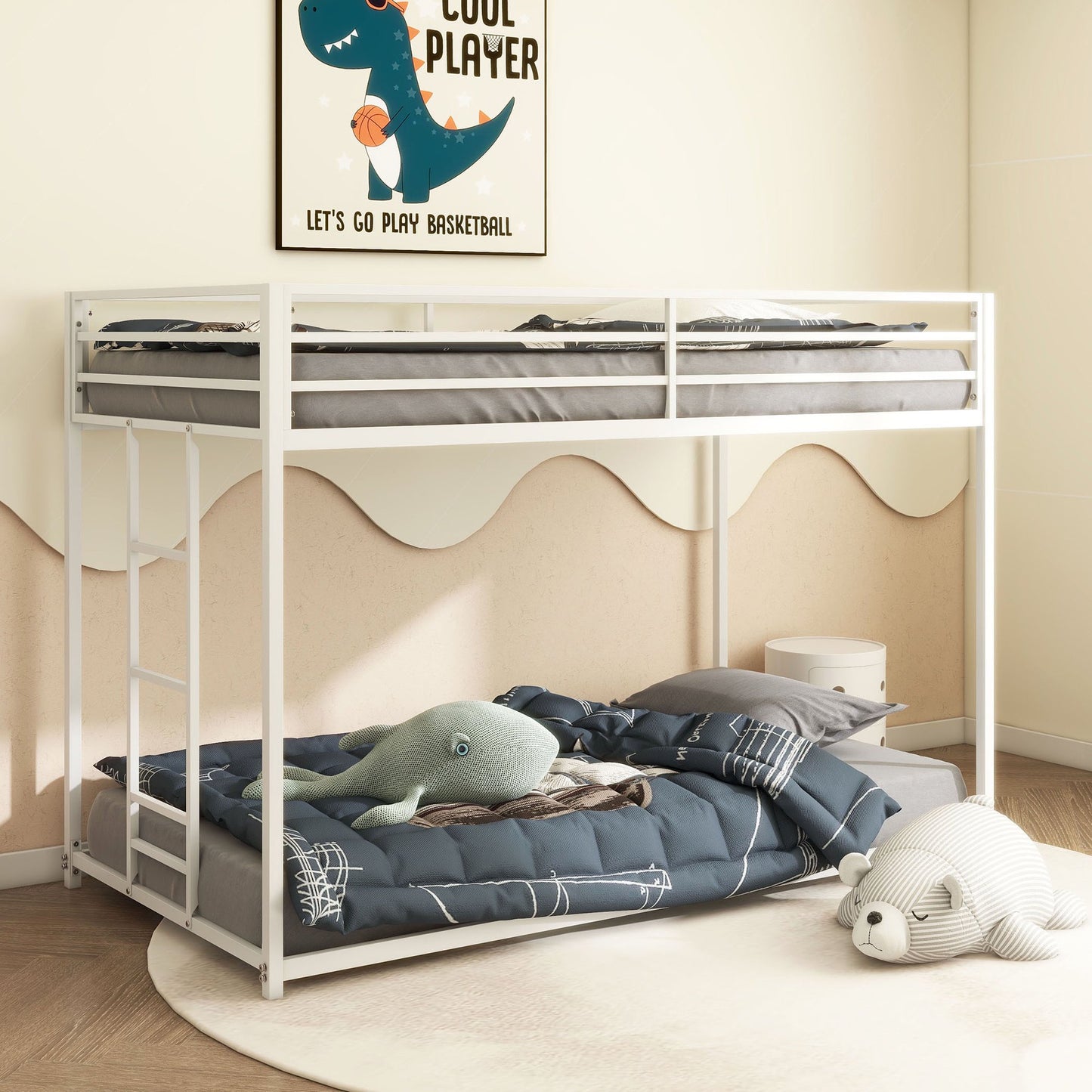 Sesslife Metal Twin Over Twin Bunk Beds, Heavy Duty Bed Frame with Ladder and Safety Full-Length Guardrails, Low Profile Junior Bunk Bed for Kids Teens Adults, Noise-Free, No Spring Box Needed, Black