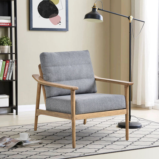 Sesslife Mid-Century Accent Chair, Modern Upholstered Arm Chair with Solid Wood Armrests and Legs, Linen Fabric Single Sofa with Soft Cushion, Reading Side Chair for Living Room, Bedroom, Gray