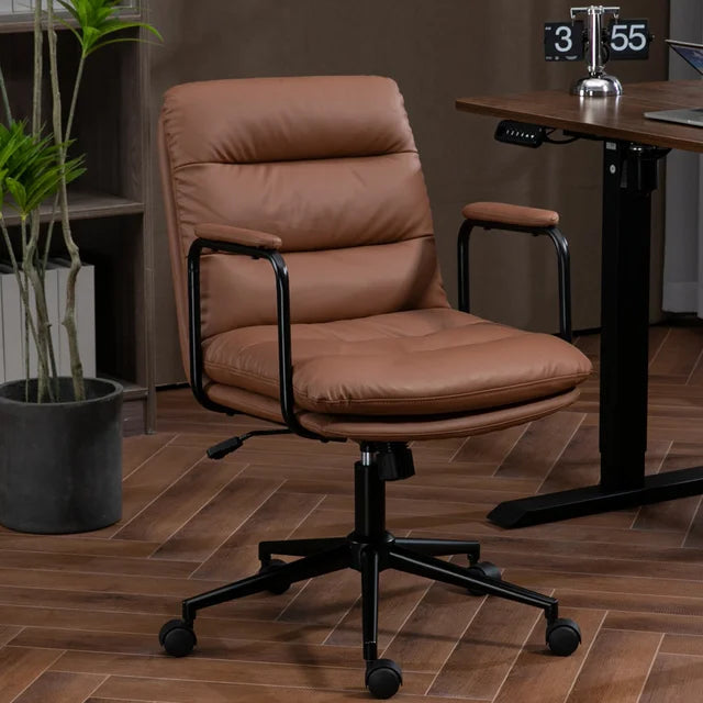 Sesslife PU Office Chair, Height Adjustable Task Chairs, Black Modern Office Chair, 360° Swivel Computer Chair, Metal Base Modern Managerial Chair for Adults and Teens