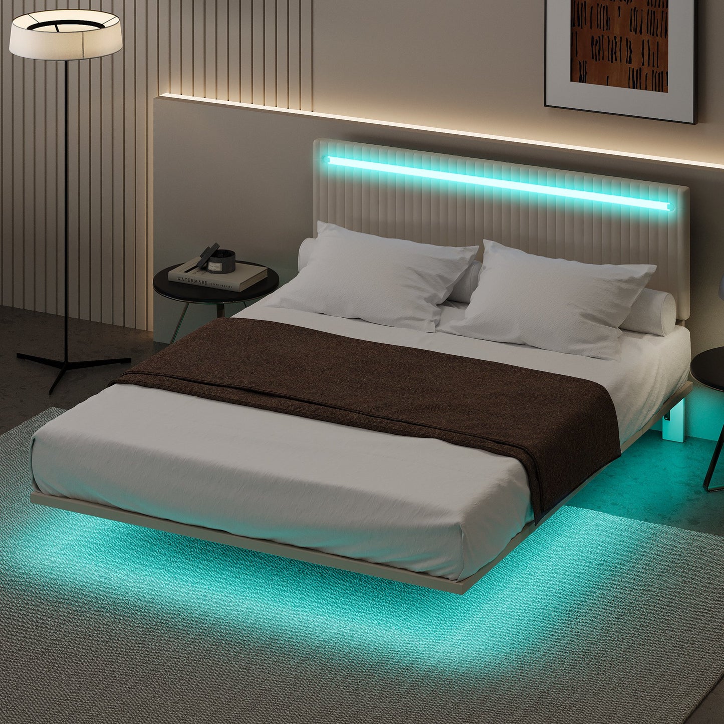 Sesslife Full Bed Frame with LED Lights, Upholstered Floating Bed with Adjustable Velvet Headboard, Modern Floating Bed Frame with Sensor Lights, No Box Spring Needed, Easy Assembly, Gray
