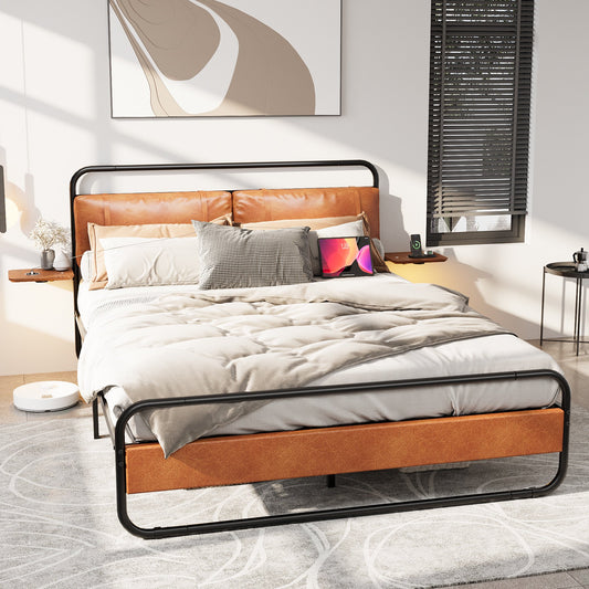 Sesslife Queen Bed Frame with Upholstered Headboard and Storage Racks, Metal Platform Bed with LED Lights and Charging Station, Large Underbed Storage Space, No Spring Box Needed, Brown