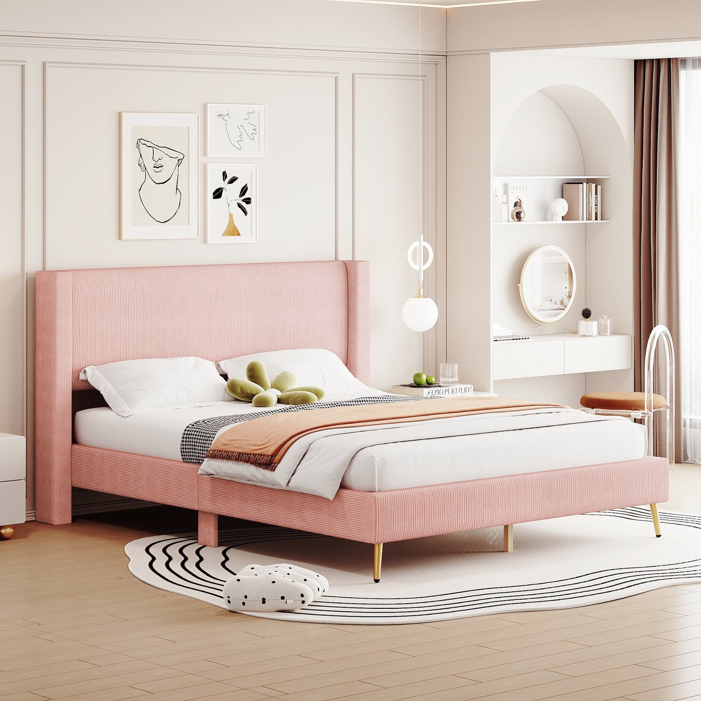 Sesslife Queen Size Bed Frame with Corduroy-Tufted Headboard, Modern Platform Bed with Strong Wood Slats Support, Upholstered Bed with Metal Legs, Easy Assembly, No Box Spring Needed, Gray