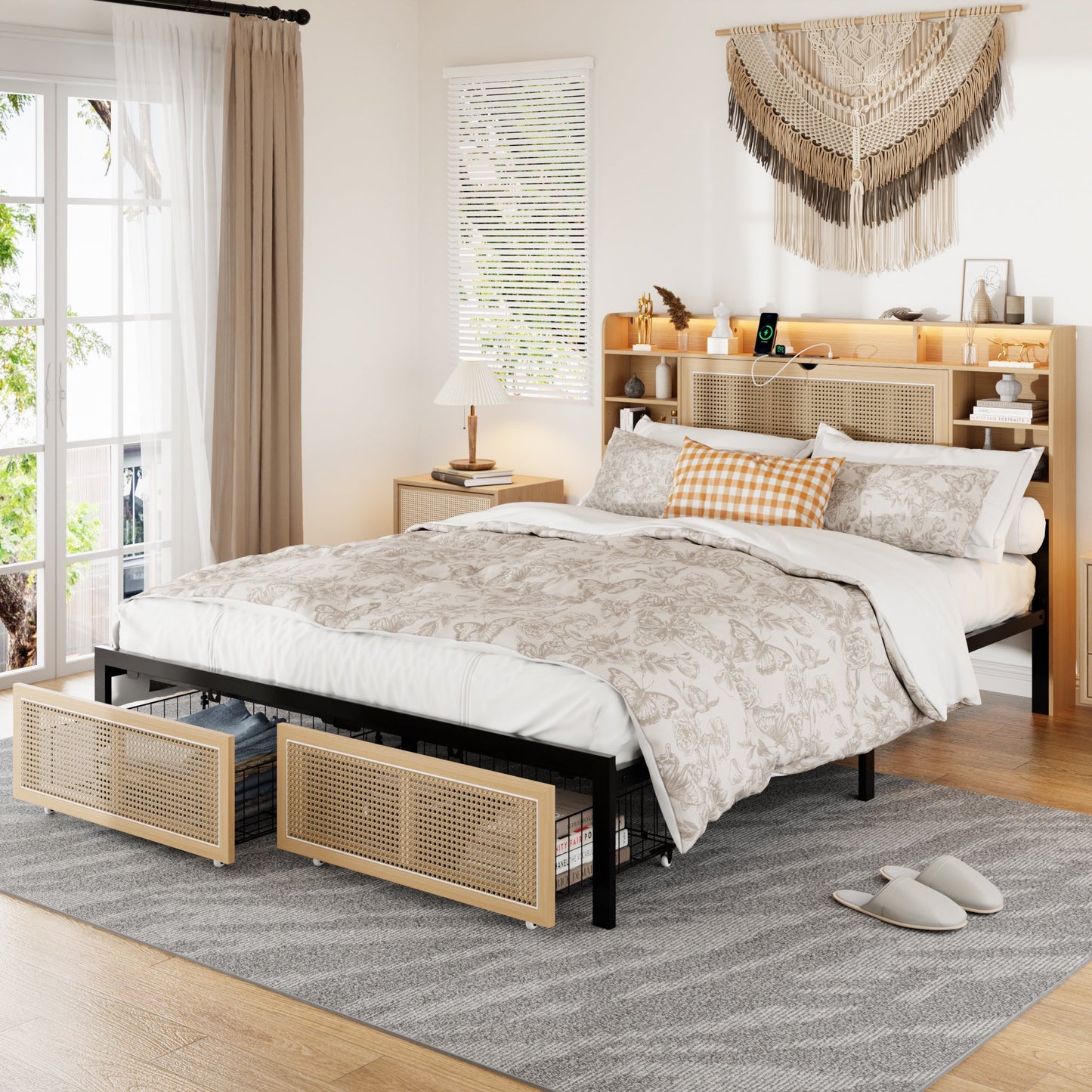 Sesslife Queen Size Bed with LED Lights, Metal Platform Bed Frame with Bookcase Storage Headboard, 2 Drawers and Charging Station, Rattan Design, Strong Slats Support, No Box Spring Needed, Natural