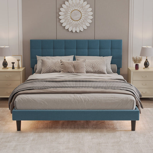 Sesslife Queen Size LED Bed Frame with Adjustable Headboard, Modern Upholstered Platform Bed with Under Bed LED Light, Strong Solid Wood Slats Support, No Box Spring Needed, Blue