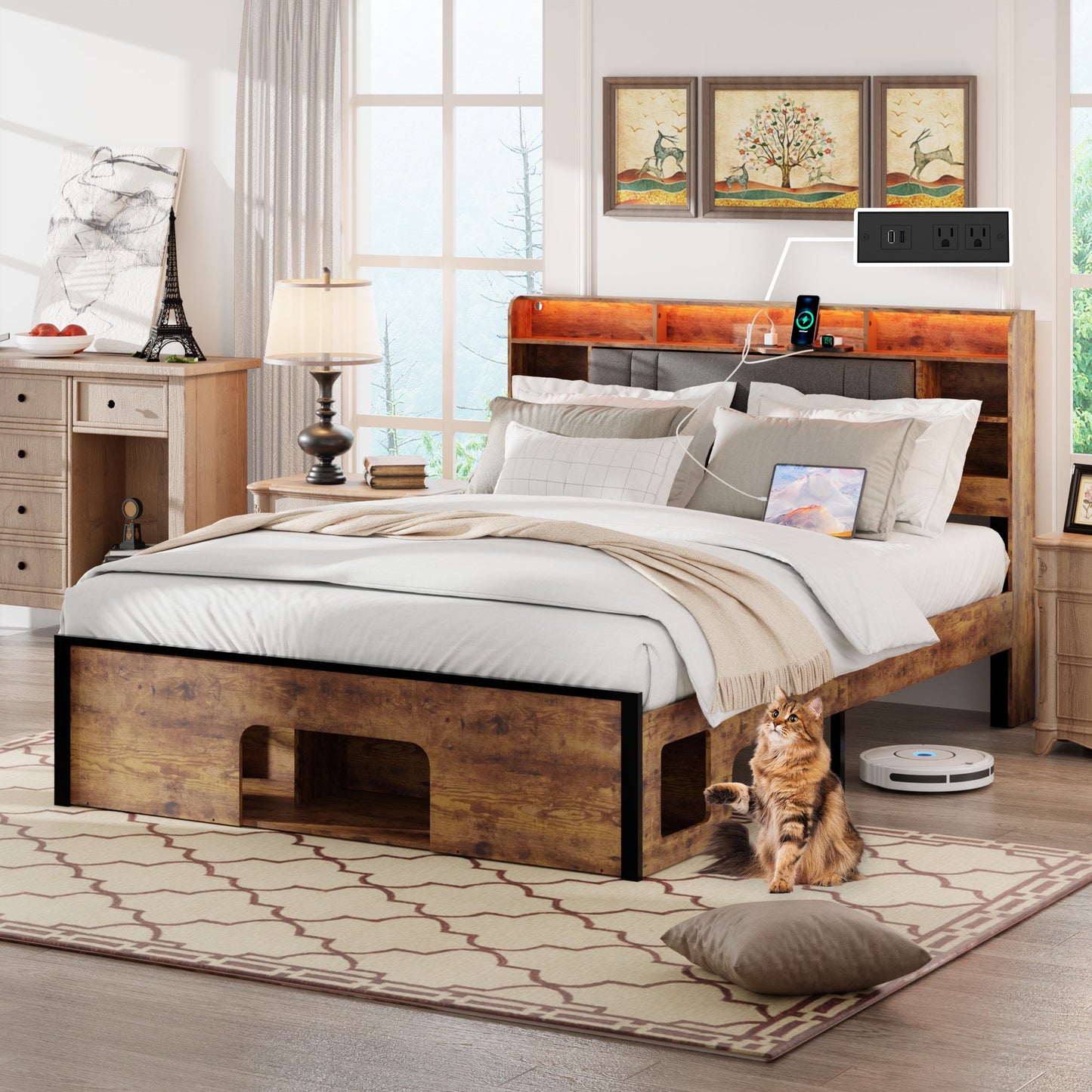 Sesslife Queen Size LED Bed Frame with Pet Bed, Platform Bed with Upholstered Storage Headboard and Charging Station, Modern Wood Bed Frame with Large Under Bed Storage, No Box Spring Needed, Brown