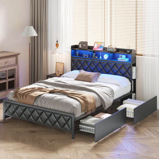 Sesslife Queen Size LED Bed Frame with Storage Bookcase Headboard, Modern Upholstered Platform Bed with 4 Drawers and Charging Station, Strong Metal Slats Support, No Box Spring Needed, Black