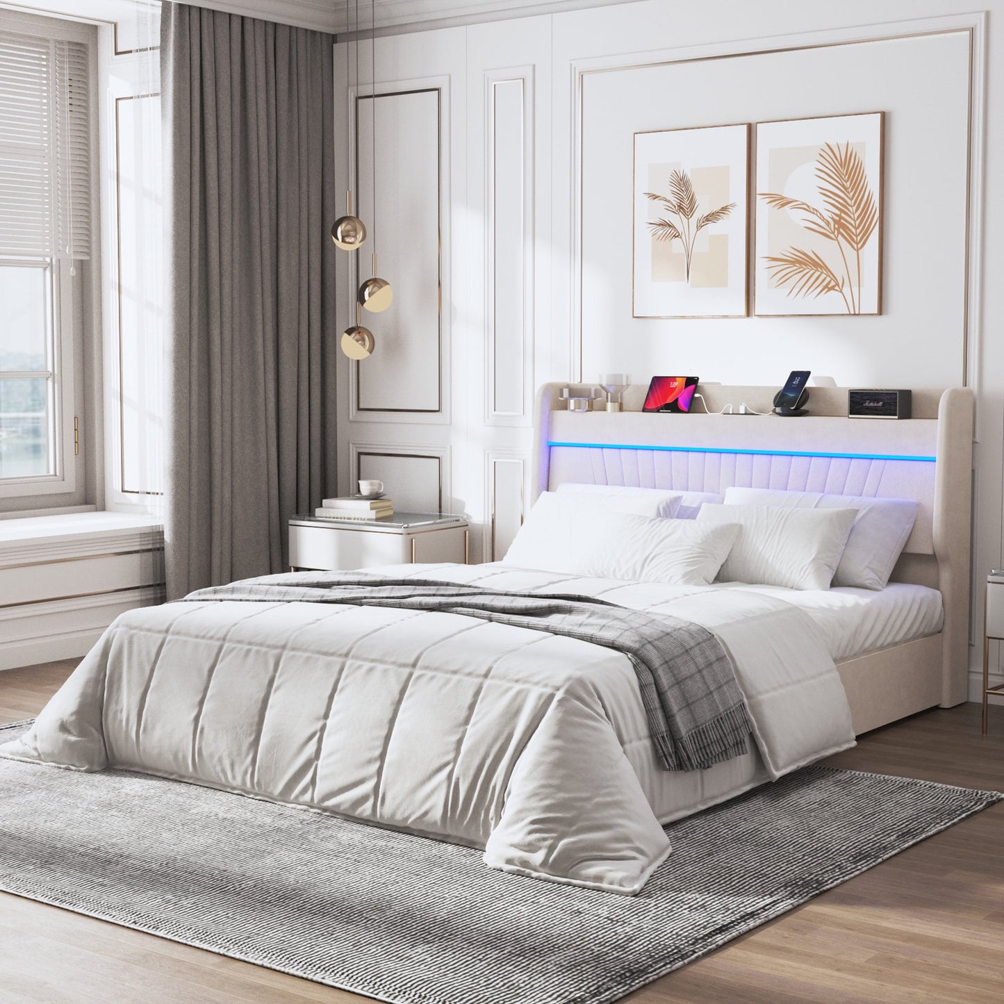 Sesslife Queen Size Platform Bed Frame with LED Lights and Storage Headboard, Velvet Upholstered Bed Frame Queen Size with Charging Station, Strong Wood Slats Support, No Box Spring Needed, Beige