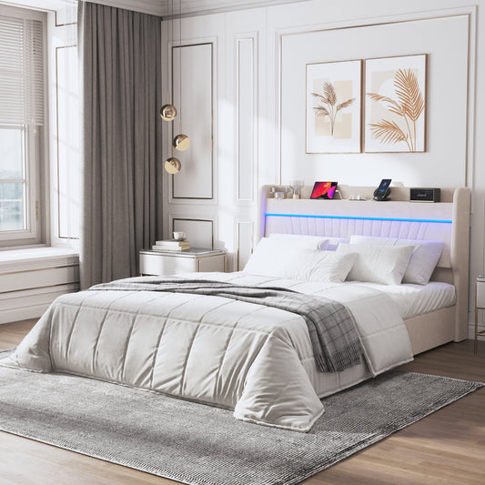 Sesslife Queen Size Platform Bed Frame with LED Lights and Storage Headboard, Velvet Upholstered Bed Frame Queen Size with Charging Station, Strong Wood Slats Support, No Box Spring Needed, Beige