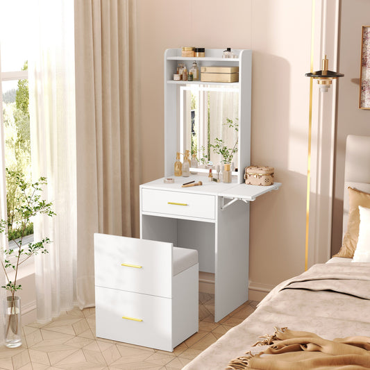 Sesslife Small Vanity Desk Set with LED Mirror and Storage Stool, Makeup Dressing Table with Charging Station and Fold-up Panel for Small Place, Vanity Set with 2 Drawers for Girls Women, White