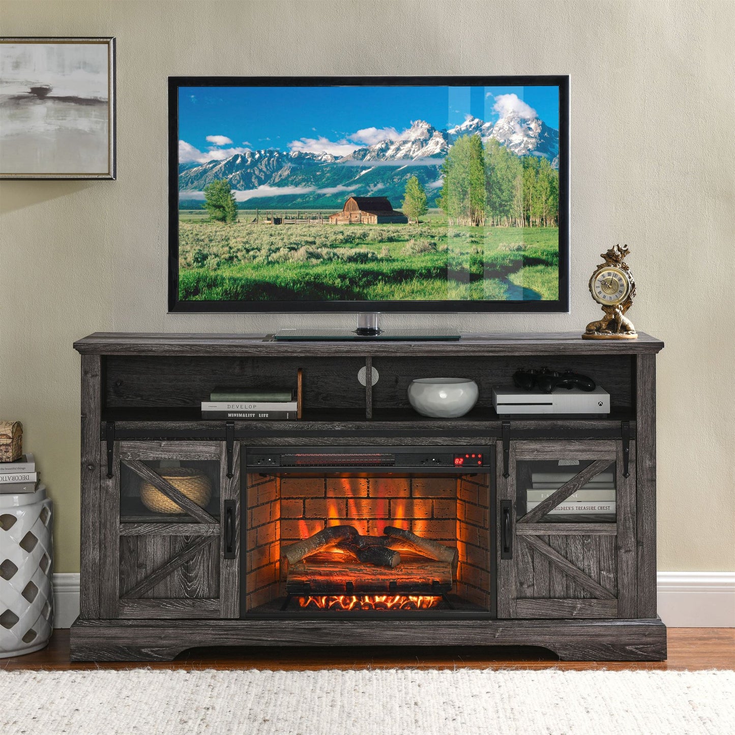 Sesslife Electric Fireplace TV Stand for 70" TVs with Remote Control, Farmhouse Entertainment Center with 26" Fireplace, Wood TV Console Table with Adjustable Shelves for Living Room, Brown