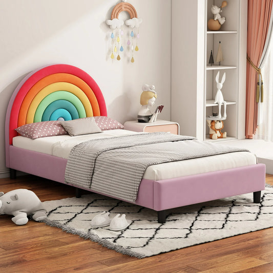 Sesslife Twin Bed Frame for Kids, Upholstered Kids Bed with Safety Fence, Cute Bed Frame with Rainbow-Shaped Headboard, Cartoon Platform Bed for Boys and Girls, No Box Spring Needed, Pink