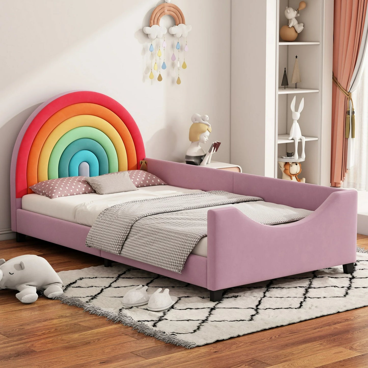 Sesslife Twin Bed Frame for Kids, Upholstered Kids Bed with Safety Fence, Cute Bed Frame with Rainbow-Shaped Headboard, Cartoon Platform Bed for Boys and Girls, No Box Spring Needed, Pink