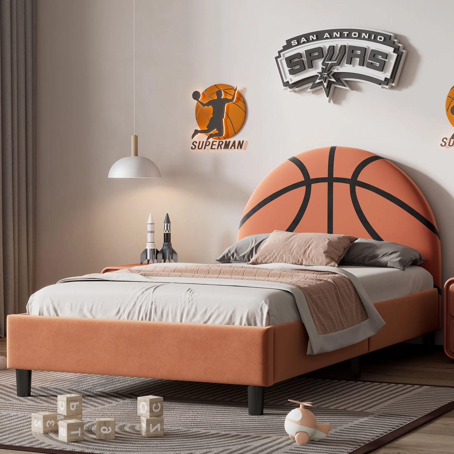 Sesslife Twin Bed Frame for Kids, Upholstered Kids Bed with Sports-Style Pattern, Bed Frame with Basketball Shaped Headboard, Cartoon Platform Bed for Boys and Girls, No Box Spring Needed, Orange