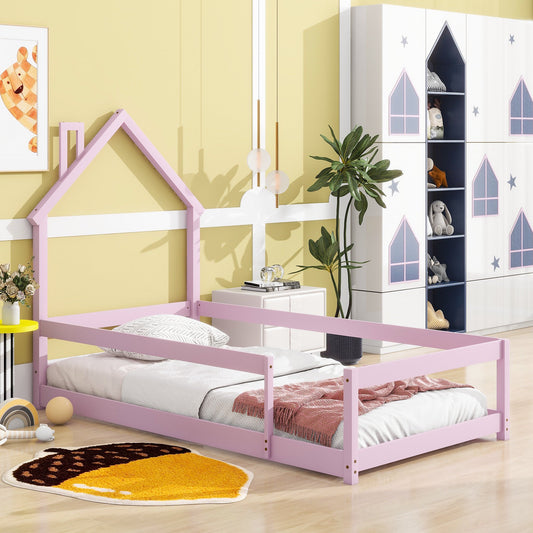 Sesslife Twin Floor Bed with House-Shaped Headboard, Wood Platform Bed Frame with Safety Guardrails, Cute Kids Bed for Boys Girls, Easy Assembly, Strong Slats Support, No Box Spring Needed, Blue
