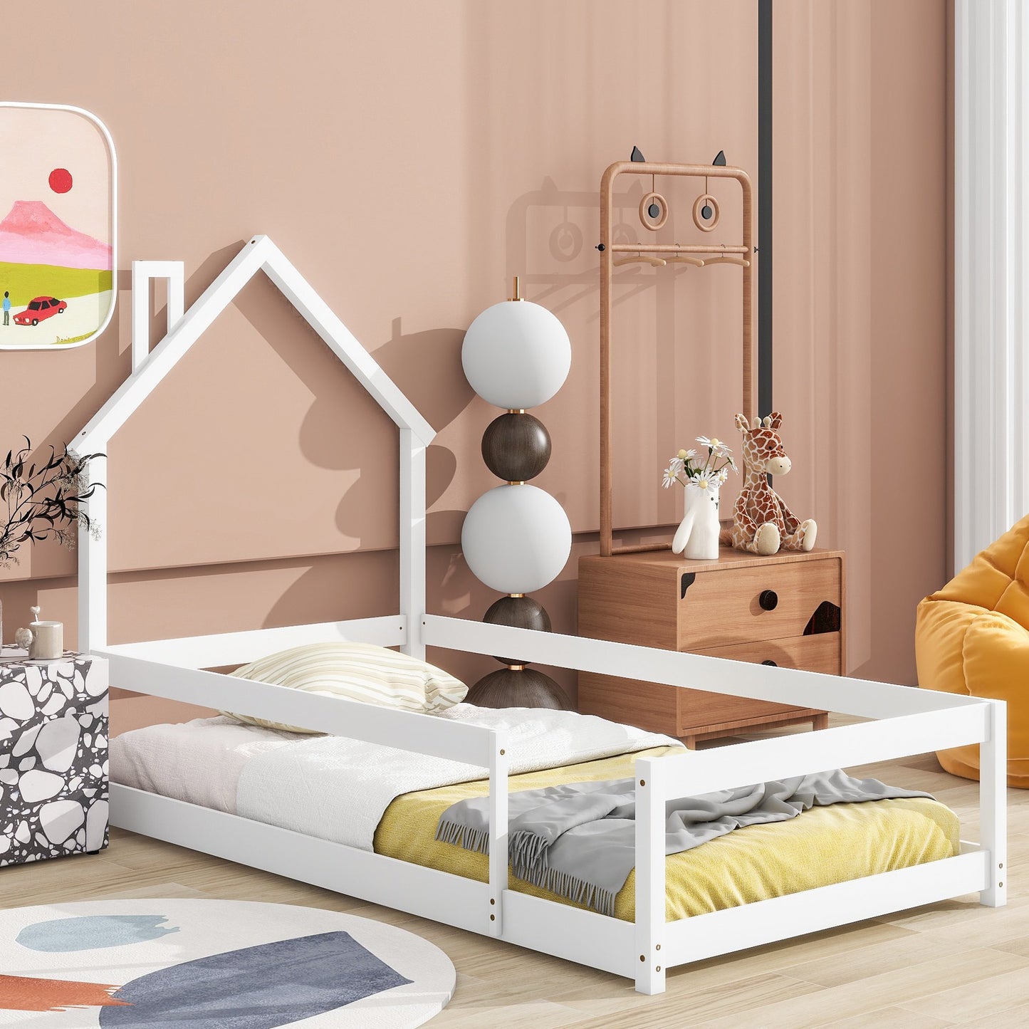Sesslife Twin Floor Bed with House-Shaped Headboard, Wood Platform Bed Frame with Safety Guardrails, Cute Kids Bed for Boys Girls, Easy Assembly, Strong Slats Support, No Box Spring Needed, Blue