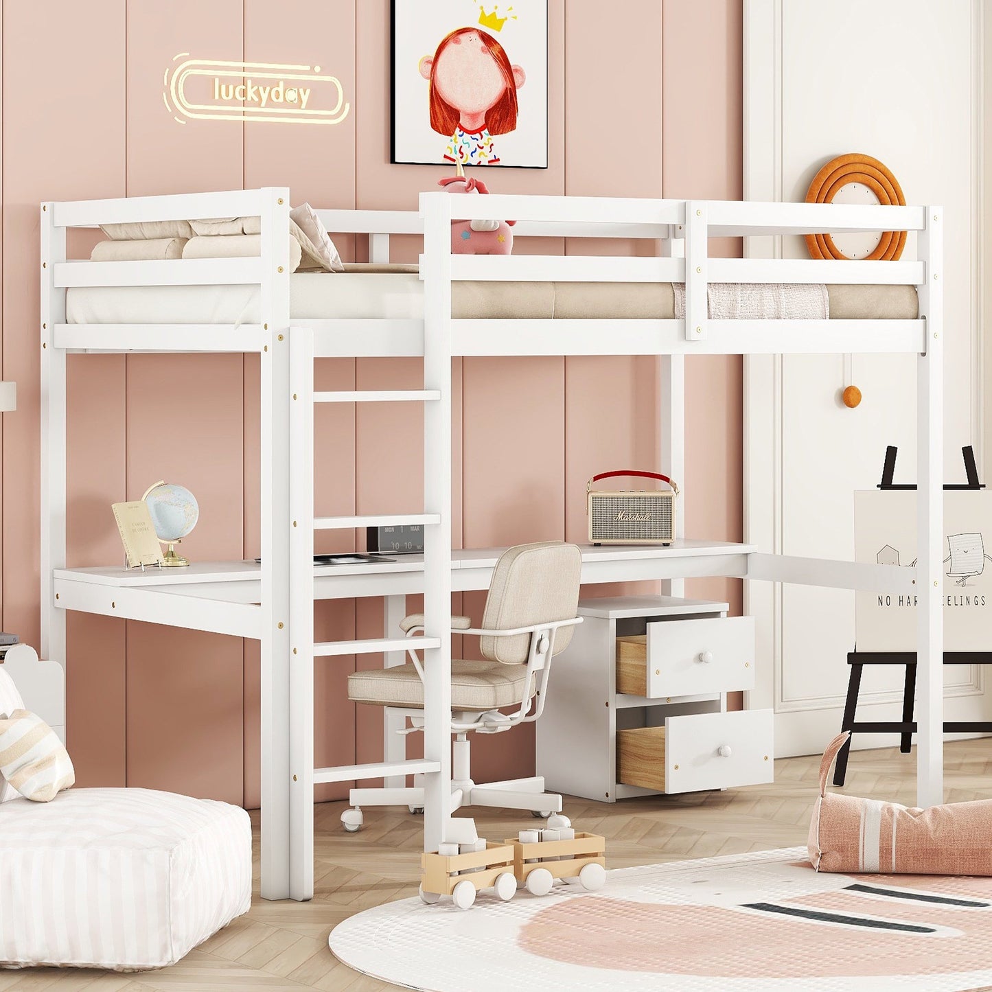 Sesslife Twin Loft Bed with Stairs and Safety Guardrail, Wood Loft Bed Frame with Built-in Desk and 2-Drawer Storage Cabinet for Kids Teens Adults, Large Under Bed Space, No Box Spring Needed, White
