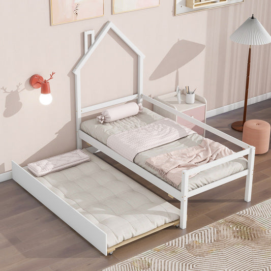 Sesslife Twin Size Daybed with Pop Up Trundle Included, Solid Wood Platform Bed with House-Shaped Headboard and Safety Guardrails, Cute Kids Bed for Kids Teens Adults, No Box Spring Needed, White