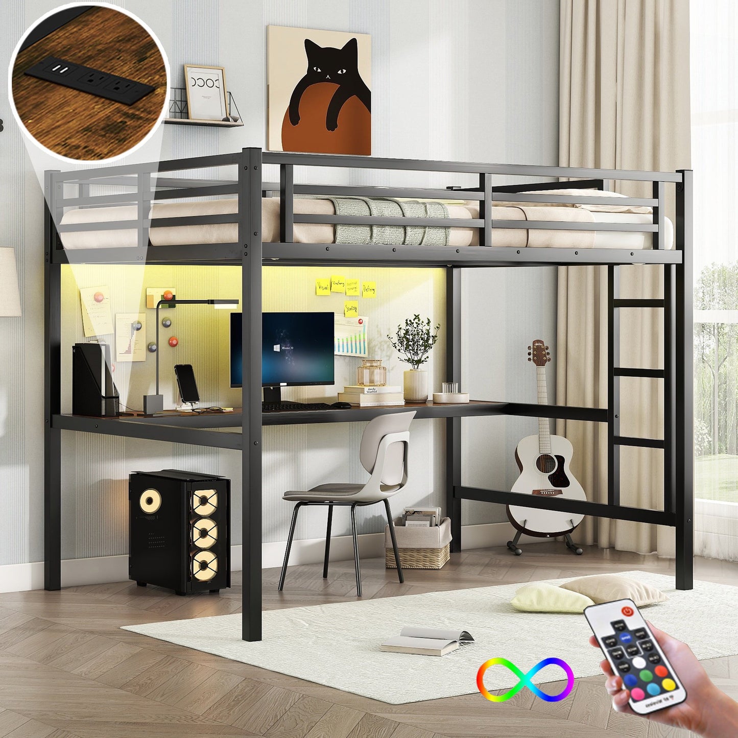 Sesslife Loft Bed with LED Lights and Desk, Modern Metal Full Loft Bed Frame for Kids Teens, Loft Bed Full Size with Charging Station, Ladder and Safety Guardrail, No Box Spring Needed, Black