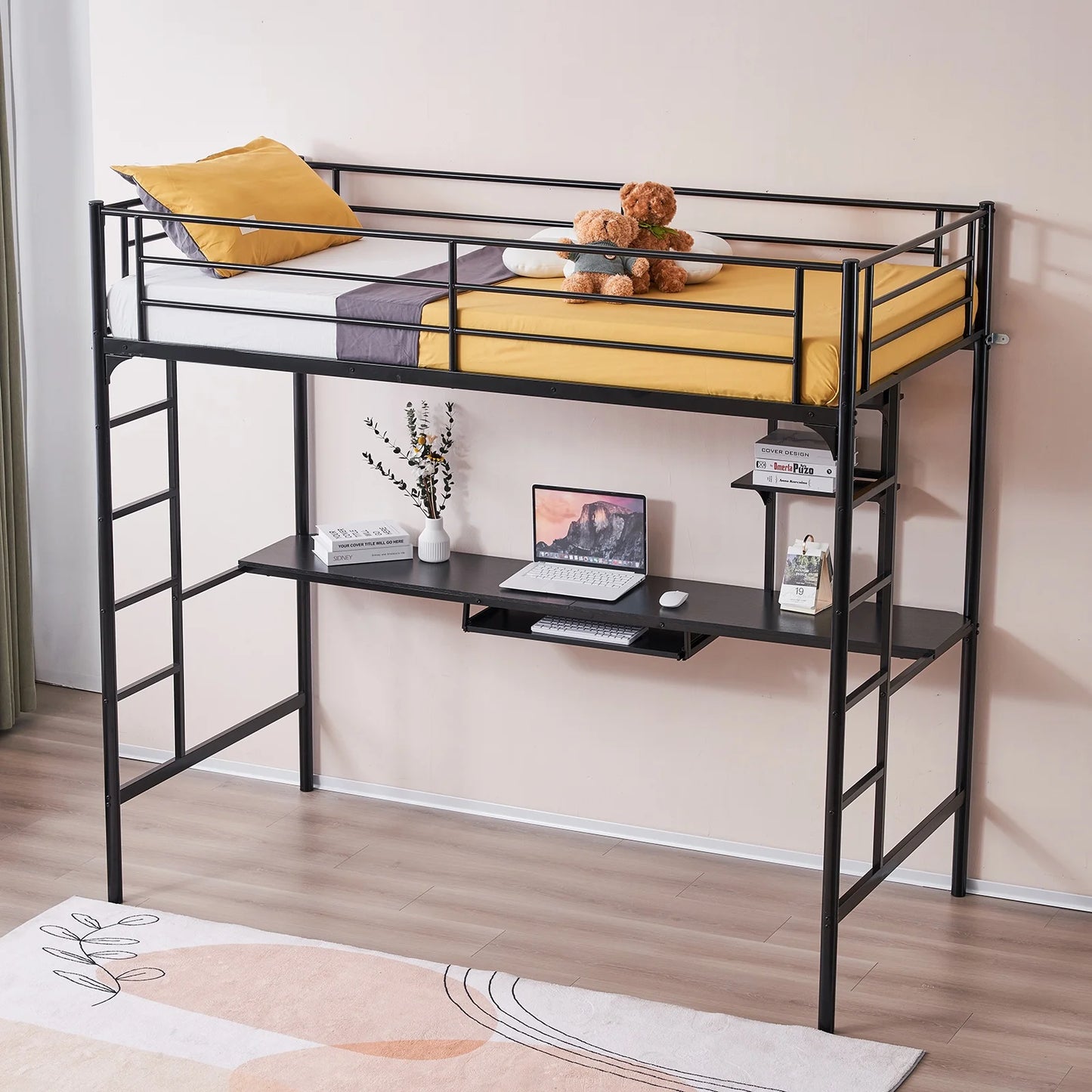 Sesslife Twin Size Loft Bed with Desk, Metal Loft Bed Frame with Storage Shelves and Table Board, Modern Low Loft Bed with 2 Ladders and Safety Guardrails for Kids Teens, No Box Spring Needed, Black