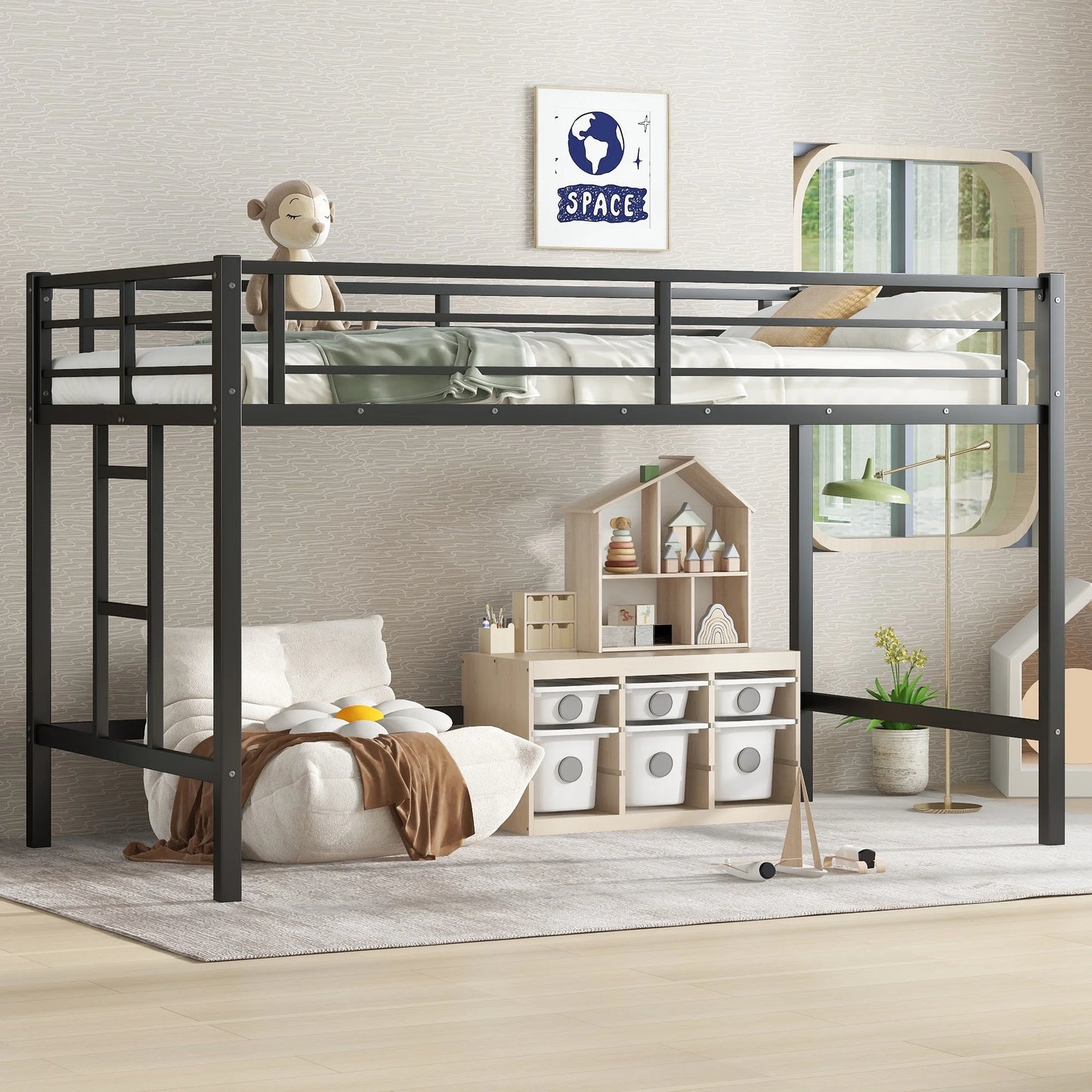 Sesslife Twin Size Loft Bed, Metal Loft Bed Frame with Ladder and Safety Full-Length Guardrails, Modern Twin Low Loft Bed with Large Under Storage Space for Kids Teens, No Box Spring Needed, Black B