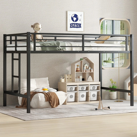 Sesslife Twin Size Loft Bed, Metal Loft Bed Frame with Ladder and Safety Full-Length Guardrails, Modern Twin Low Loft Bed with Large Under Storage Space for Kids Teens, No Box Spring Needed, Black B