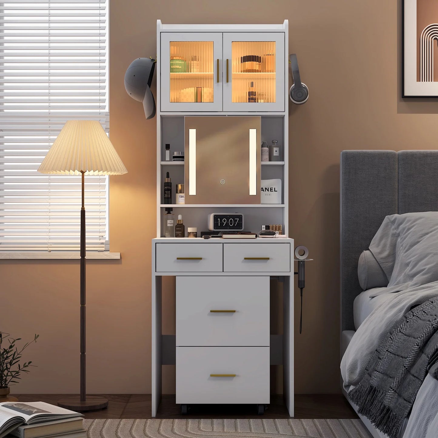 Sesslife Vanity Set with Charging Station, Makeup Desk with Sliding Light Mirror and LED Lights, Makeup Vanity Table with Hair Dryer Rack, Hooks, 3 Drawers, Makeup Dressing Table Set for Girls, White