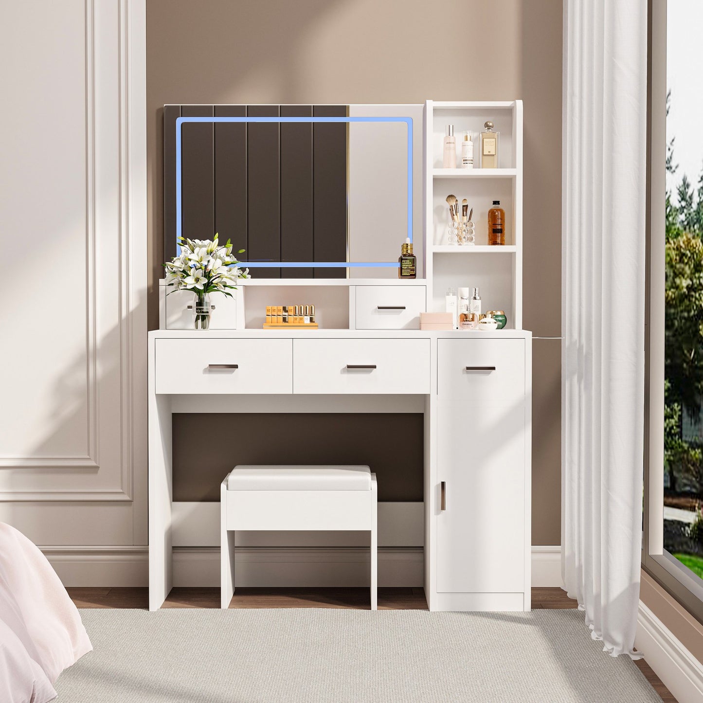 Sesslife Vanity Set with Cushioned Stool, Makeup Dressing Table with LED Light Mirror and Charging Station, Vanity Desk Set with Drawers, Storage Cabinet and Hair Dryer Rack for Girls Women, Black