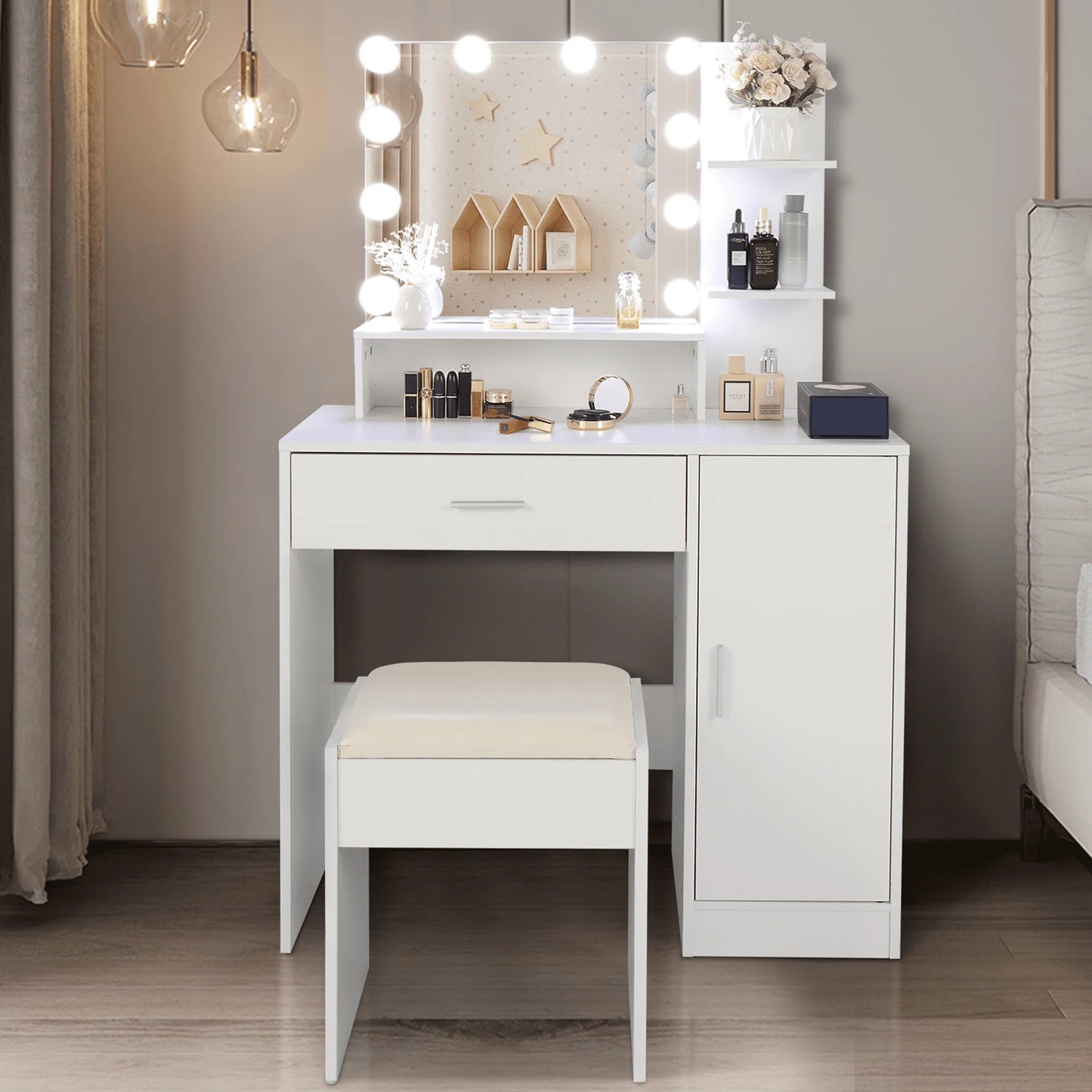 Sesslife Makeup Vanity Set with Bulbs Mirror, Dressing Table with Large Drawer, Vanity Table for Girls, Women, Pink