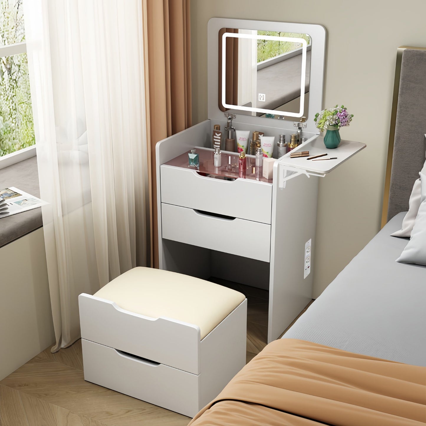 Sesslife Vanity Table Set with 3-Color Lighted Mirror, Makeup Dressing Table with Hidden Stool and 3 Storage Drawers, Vanity Desk with Charging Station and Foldable Panel for Dressing Room, White
