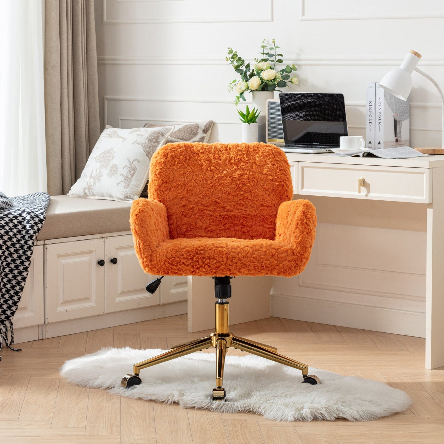 ENYOPRO Office Chair with Chrome Legs, Ergonomic Teddy Desk Chair Vanity Chair with Wheels, Modern Computer Chair for Home Office, White