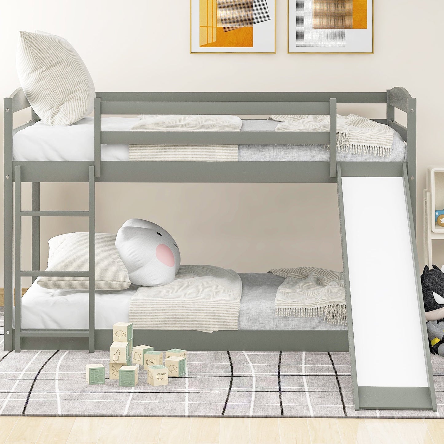 Twin Over Twin Bunk Bed, Wooden Bunk Bed with Convertible Slide and Durable Ladder, High Guardrail Bed Frame, Low Bunk Beds for Teens, Gray, Max 400lbs, TE836
