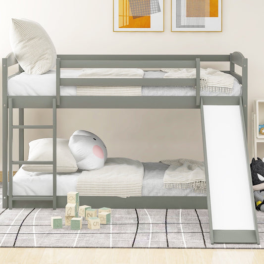 Twin Over Twin Bunk Bed, Wooden Bunk Bed with Convertible Slide and Durable Ladder, High Guardrail Bed Frame, Low Bunk Beds for Teens, Gray, Max 400lbs, TE836