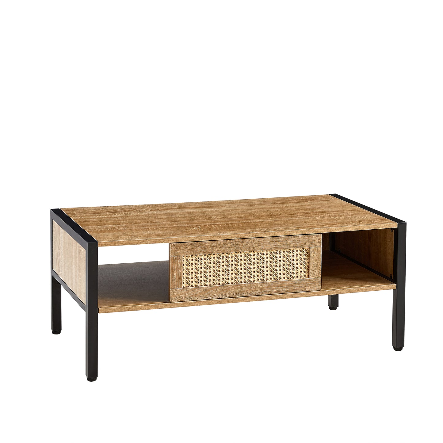 SESSLIFE 40” Modern Rattan Coffee Table with Sliding Door Storage, Natural Woven Side Table, Metal Legs for Living Room, Easy Assembly, Natural