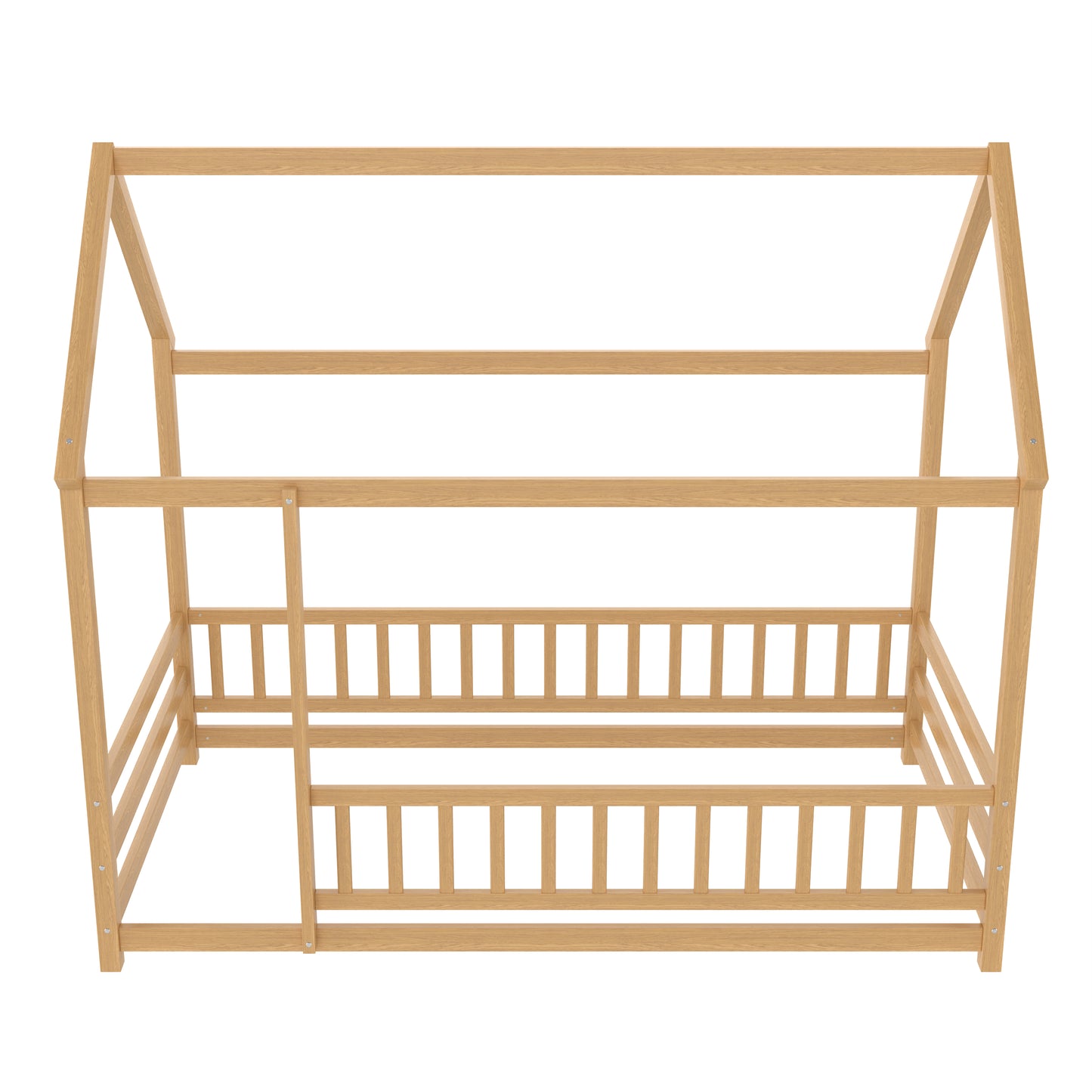 SESSLIFE Twin Bed Frame with House Roof Design, Wooden Floor Bed with Fence Guardrails, Pine Platform Bed for Bedroom, Montessori Style, Natural Finish
