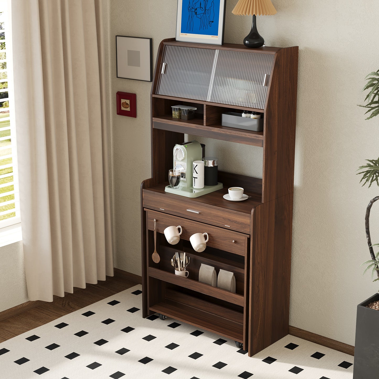 SESSLIFE Sideboard with Storage and Foldable Table, Buffet Cabinet with Hutch for Dining Room, Space Saving Design with Wheels, Farmhouse Style, Walnut