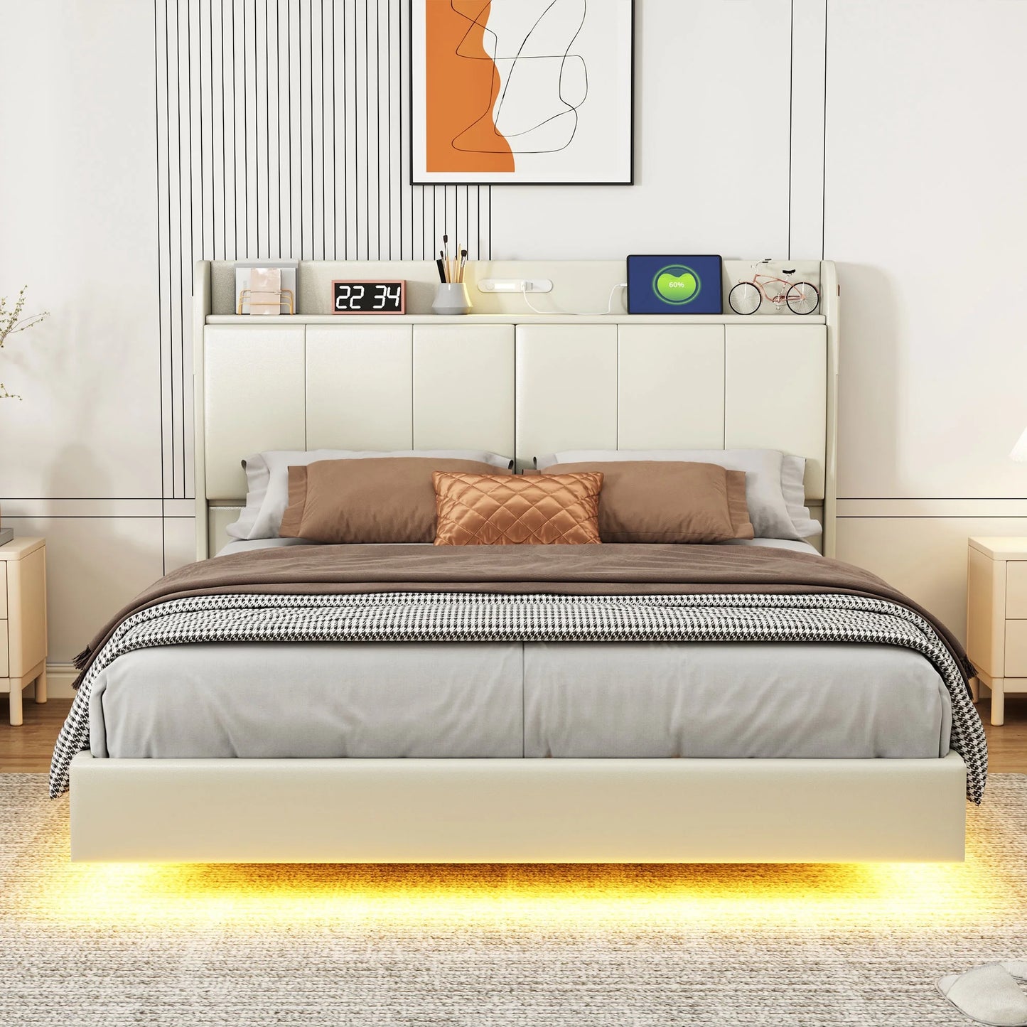 Sesslife Queen Size Floating Bed Frame with Charging Station and Touch Sensor Nightlight, LED Platform Bed with Storage Upholstered Headboard and Side Pockets, No Box Spring Needed, Black