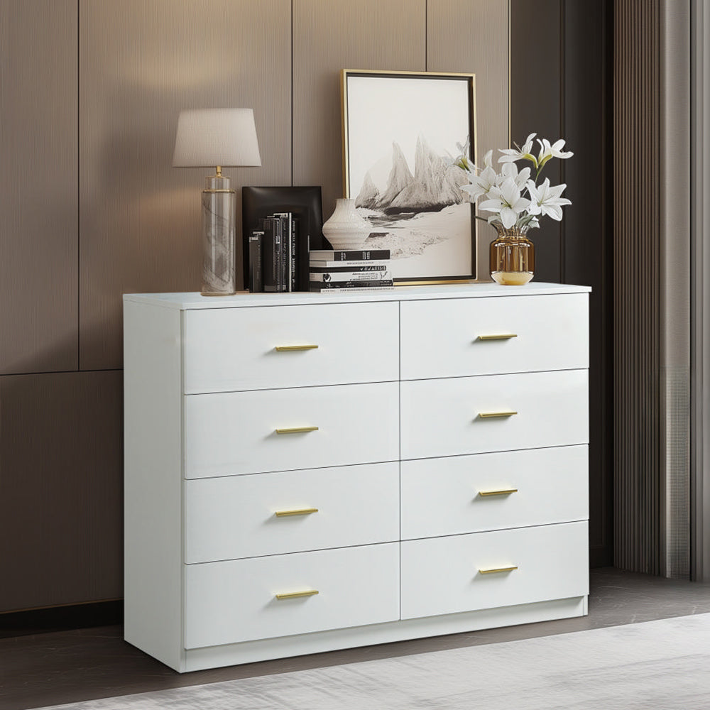 Sesslife 8 Drawer Double Dresser, Modern Wood Chest of Drawers with Metal Handles for Bedroom, Storage Cabinet Dresser Organizer Unit for Living Room, Closet, Hallway, Nursery, White