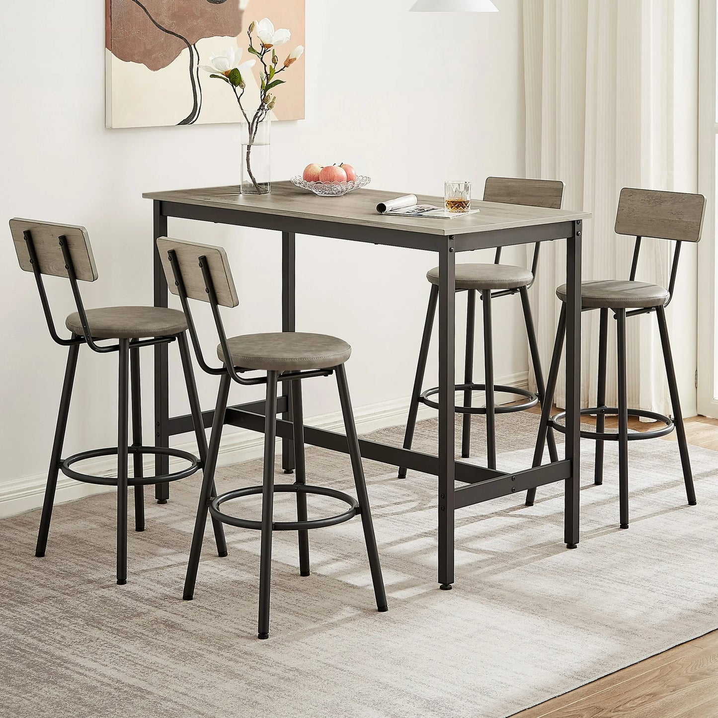 5 Pieces Dining Table Set, Counter High Pub Table Set with 4 Chairs, Wooden Saving Space Dining Room Table Sets for Kitchen Bar Breakfast Nook, Gray
