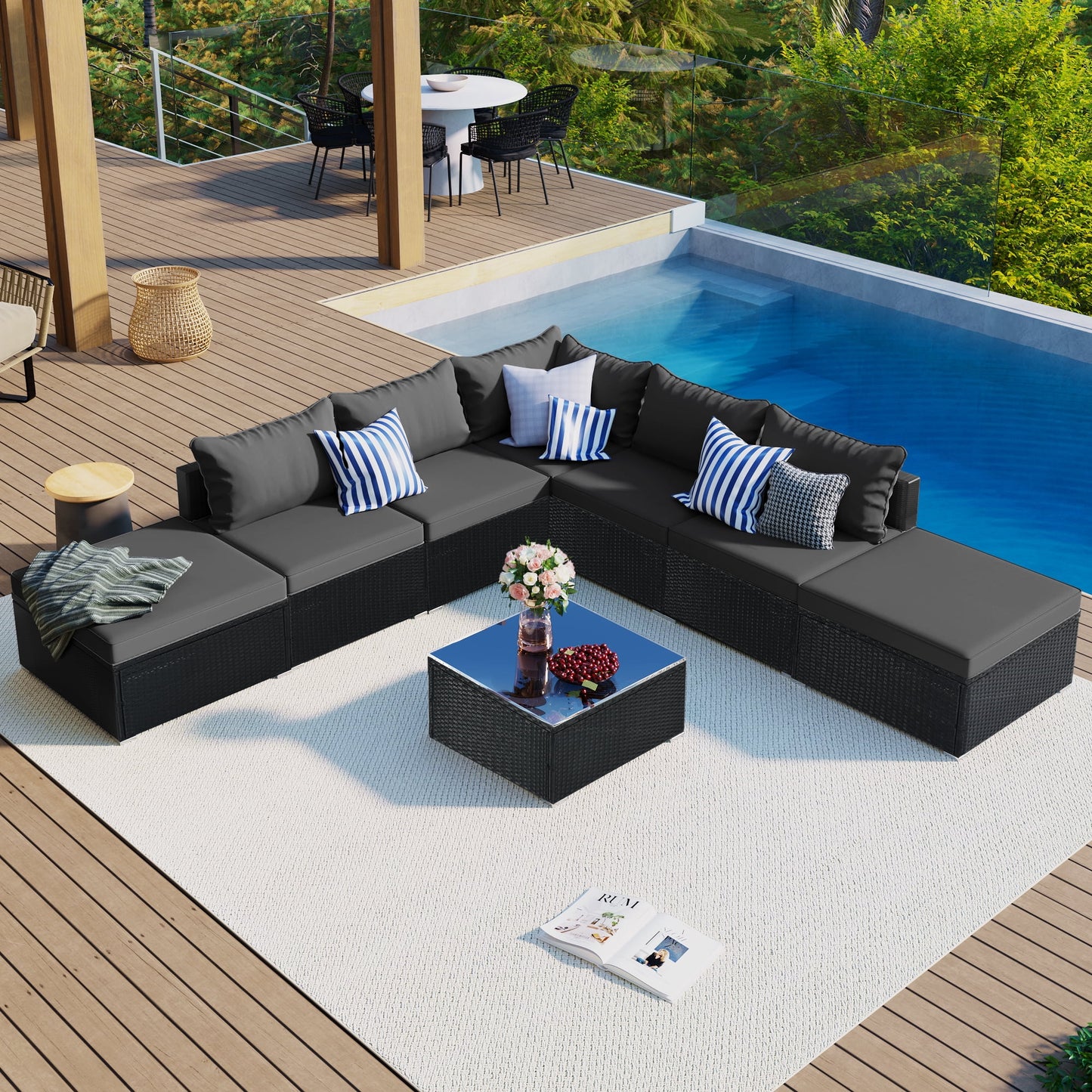 Rattan Patio Sectional Sofa, 9 PCS Outdoor Couch Sets with Ottoman and Table, Gray Wicker Patio Furniture for Backyard Deck Poolside