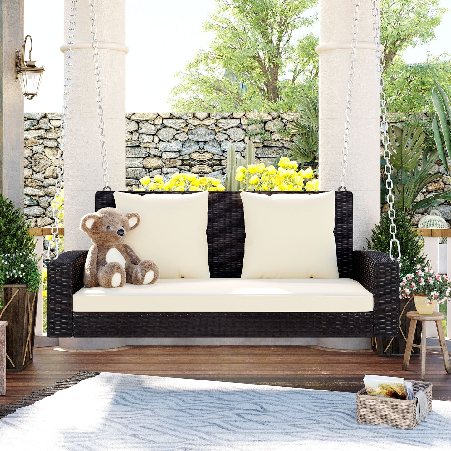 2 Person Hanging Porch Swing, Brown Wicker Outdoor Swing Chair and Removable Cushion, Patio Swing Glider for Garden, Poolside, Balcony