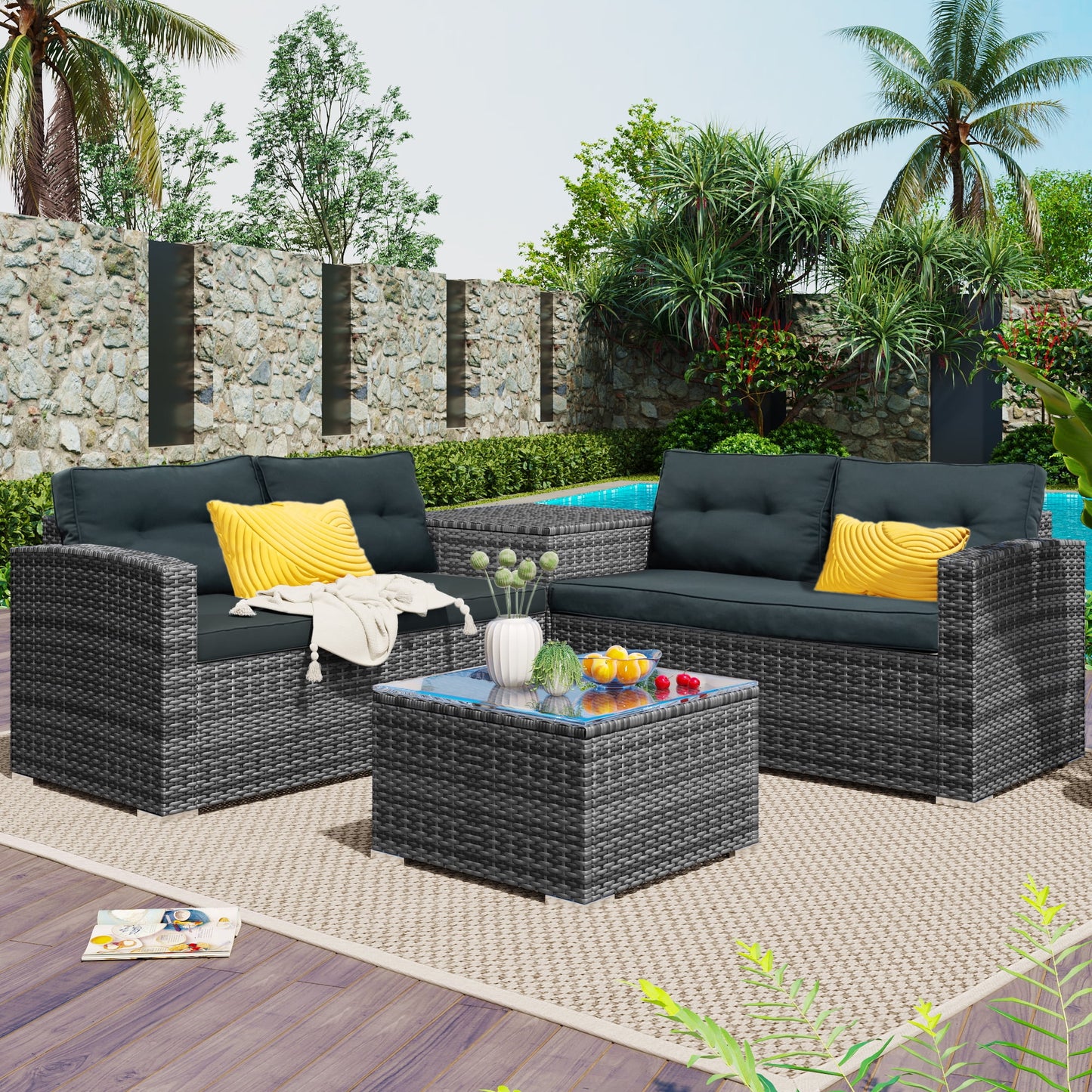 4 Piece Wicker Patio Sofa Set, PE Rattan Outdoor Sectional Sofa Set with Loveseat, Coffee Table and Storage Box, Outdoor Furniture Patio Conversation Sets for Garden Deck Porch Backyard