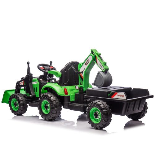 24V Ride On Electric Tractor Toy for Kids with 4 in 1 Attachments (Excavator, Dump Truck, Bulldozer), Remote Control, Bluetooth Music, Swivel Seat, LED, Electric Cars for Boys Girls Ages 3-6