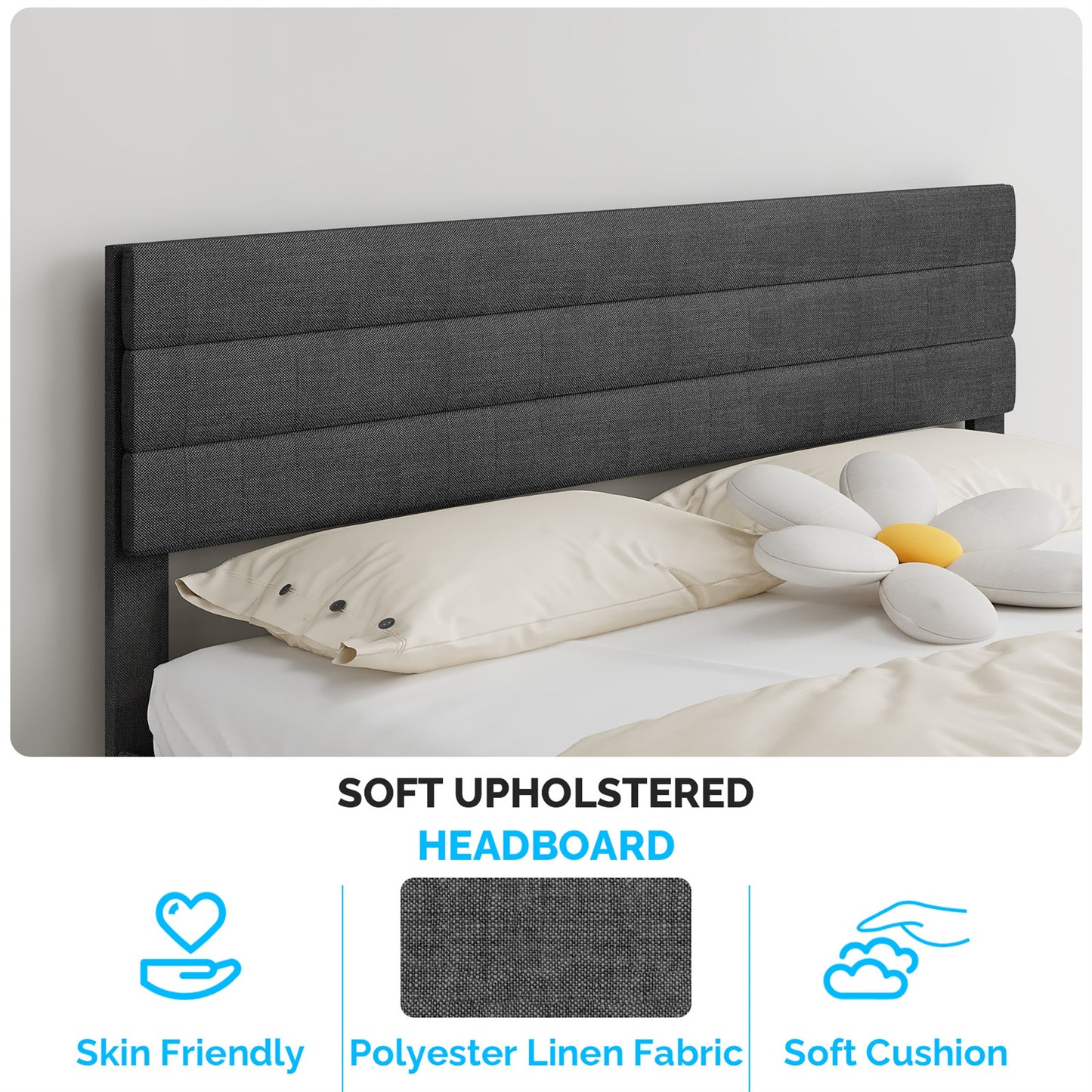 SESSLIFE Queen Bed Frame, 3-Position Adjustable Headboard Linen-Like Upholstered Platform Bed Frame for Teens Adults, No Box Spring Needed, Easy Assembly, Noise Free, Dark Gray