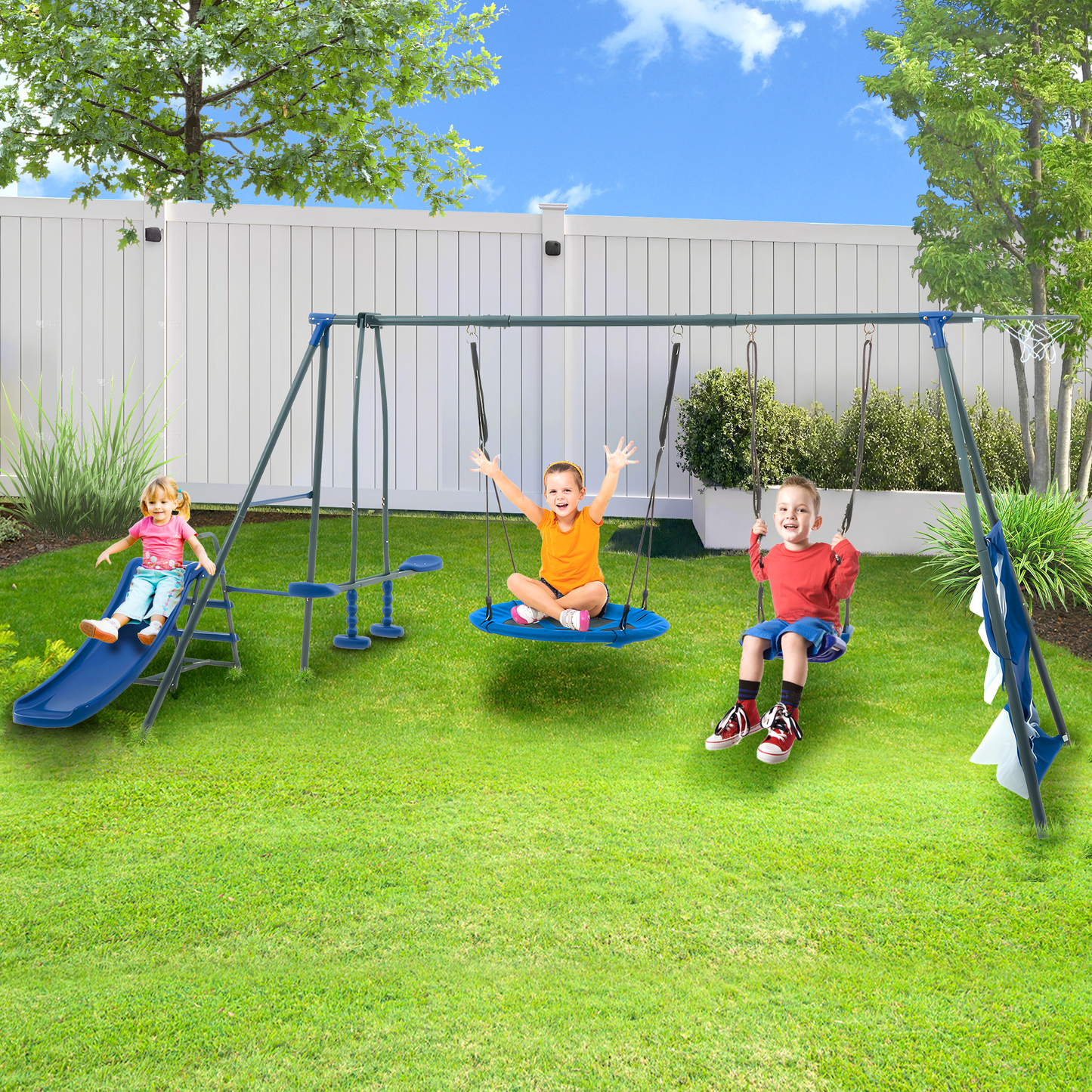 CASEMIOL Backyard Swing Sets for Outdoor, 440 Pound Swing Set with Slide, Saucer Swing, Face to Face Swing, Basketball Hoop and Football Net, Outdoor Games Game for More than 3 Children, Blue