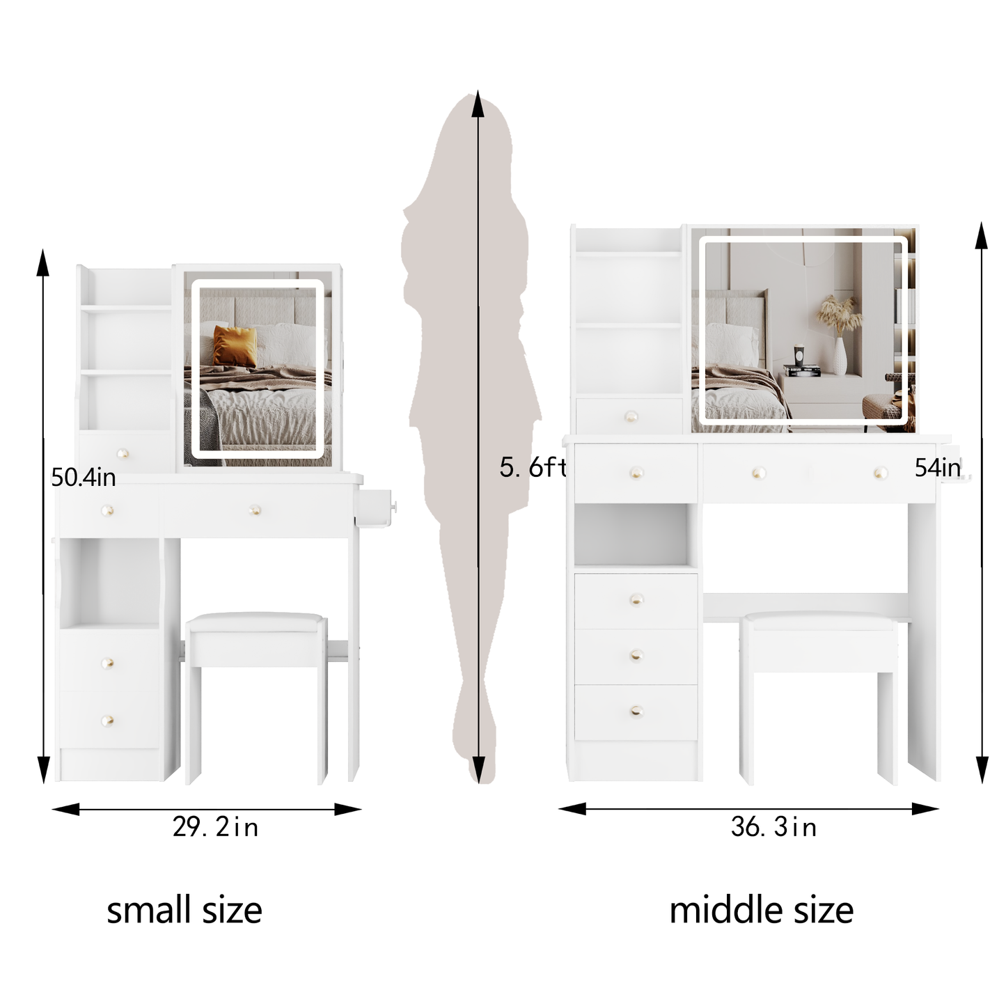 SESSLIFE Vanity Desk with Mirror and Lights, Modern Vanity Desk with Storage and Stool, Makeup Vanity with USB Ports for Small Spaces, White