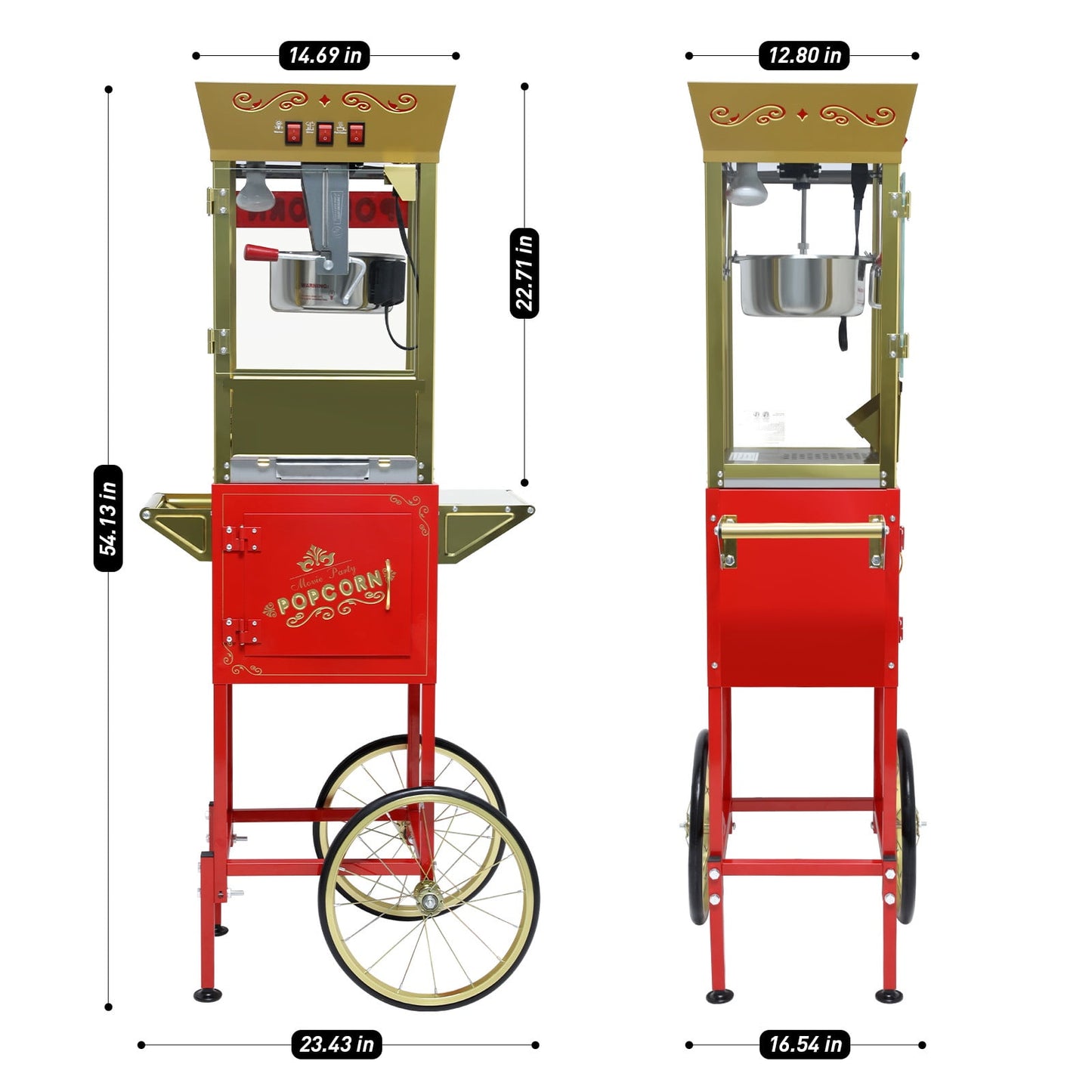 Commercial Popcorn Machine with Cart, 480W Popcorn Maker Machine, Popcorn Popper Machine with 6 oz Stainless Steel Kettle, Heated Deck, Storage Cabinet & 2 Wheels for Parties