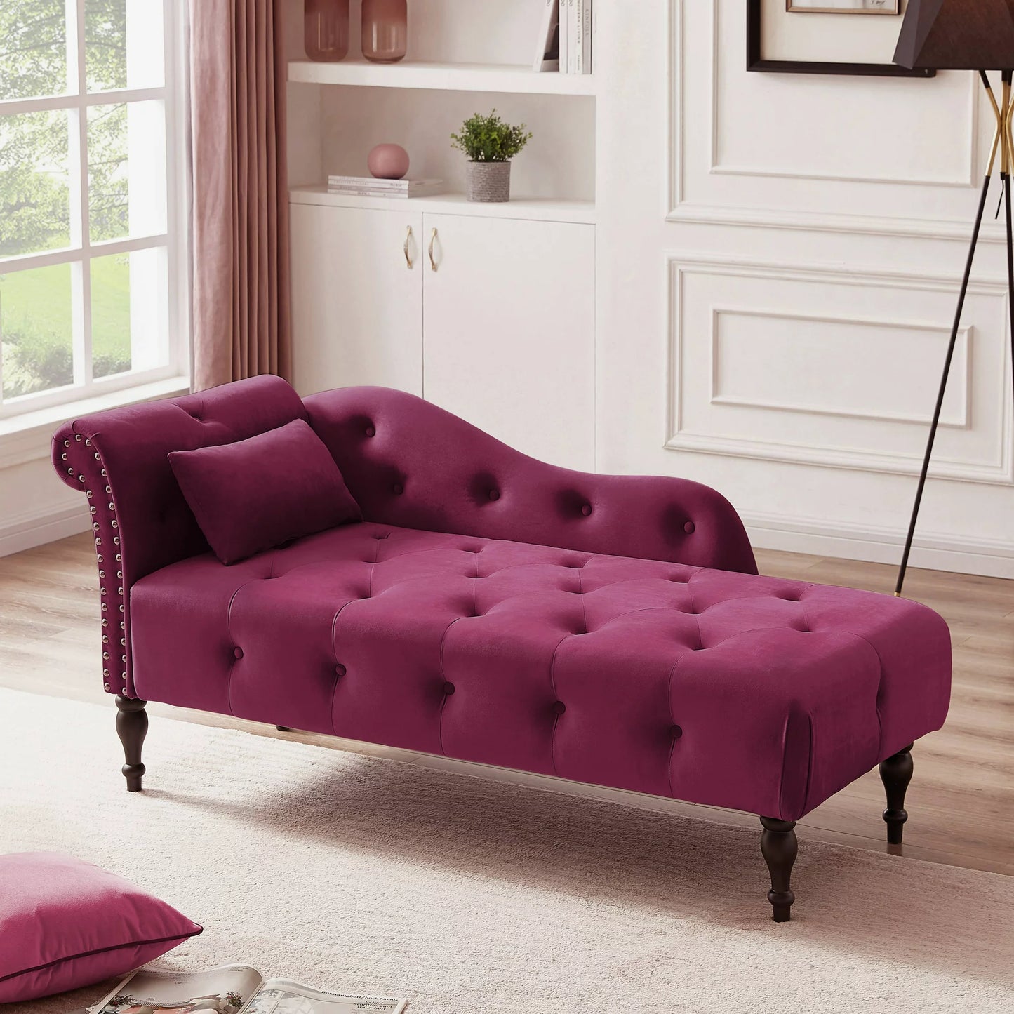 Sesslife 60.6" Velvet Chaise, Left Arm Design Lounge Sofa, Reclining Chair Solid Wood Legs with 1 Pillow for Living Room Bedroom Apartment(Pink)