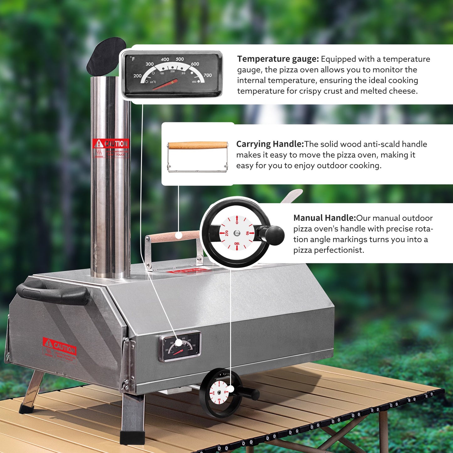 12" Semi-Automatic Outdoor Pizza Oven, Portable Wood-fired Pizza Maker with Manual Rotating Turntable, Temperature Gauge for Stone-Baked Pizzas, Steak, Bread, Garden & Outdoor Use