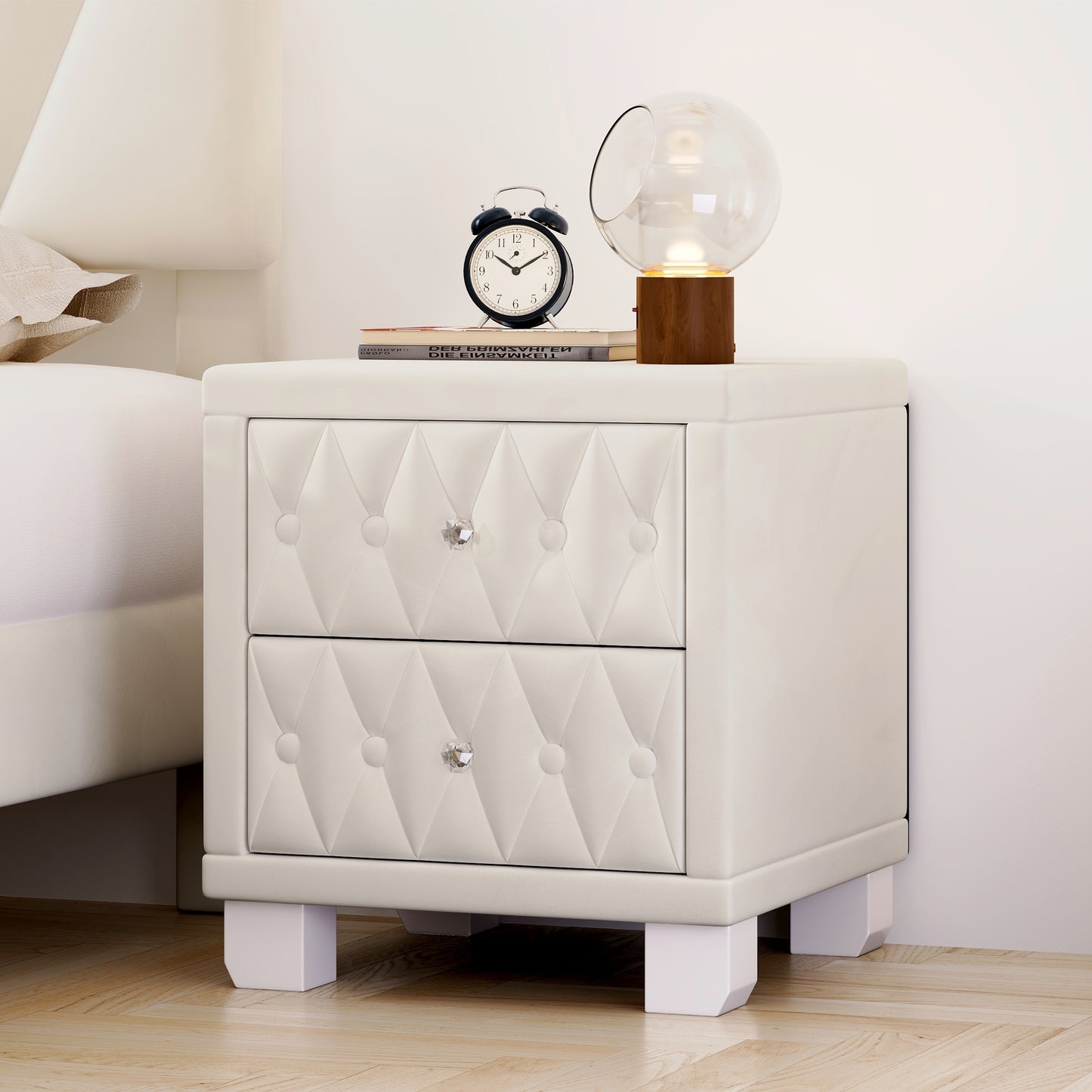 SESSLIFE Velvet Nightstand with 2 Drawers, Button Tufted Bedside Table with Crystal Handles, Upholstered Storage Side Table for Bedroom, Beige